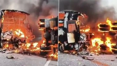 Andhra Pradesh: 14 Burnt Alive, 15 Injured as Bus Catches Fire After Collision With Tipper in Markapuram (Watch Videos)