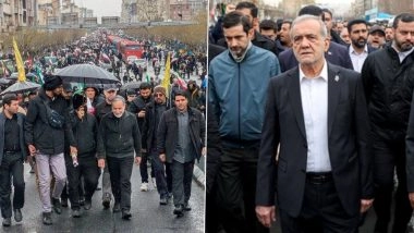 Youm-E-Quds: Thousands Rally in Tehran Over Ayatollah Ali Khamenei’s Killing, Iran President Masoud Pezeshkian and FM Abbas Araghchi Join Protest (Watch Videos)