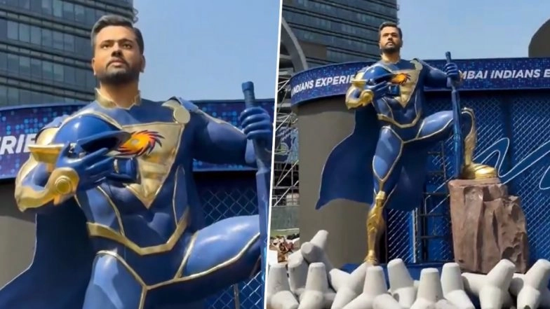 Superhero Rohit Sharma Statue Installed at the Mumbai Indians' 'The Mix' Event Ahead of IPL 2026 (Watch Video)