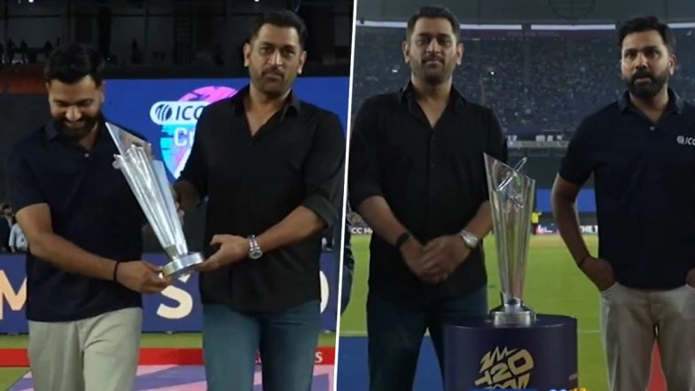Rohit Sharma, MS Dhoni, and Jay Shah Bring T20 World Cup Trophy Onto Dais Ahead of IND vs NZ T20 WC 2026 Final (Watch Video)