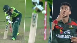 Knocked Over! Taskin Ahmed Bowls Peach of Delivery to Castle Mohammad Rizwan During PAK vs BAN 3rd ODI 2026 (Watch Video)