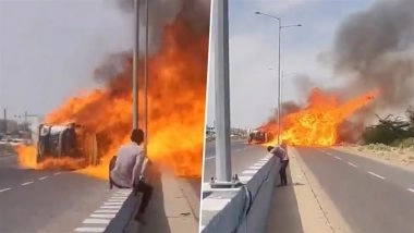 Jalore Horror: Oil Tanker Overturns, Explodes in Flames; 1 Charred to Death (Watch Video)