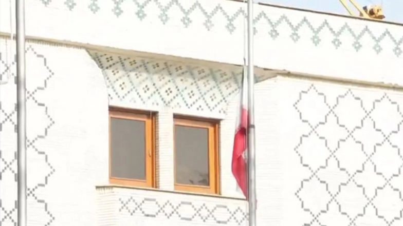 Ayatollah Ali Khamenei Dies: Iranian Embassy in Delhi Lowers Flag to Half-Mast To Honour Iran’s Supreme Leader After Fatal Airstrikes in Tehran (Watch Video)