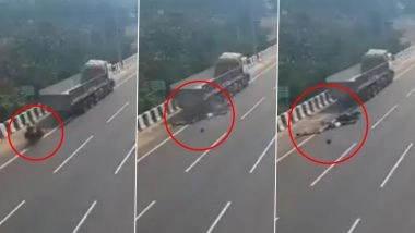 Srikakulam Accident Caught on Camera: Mother and Son Killed As Speeding Bike Rams Into Stationary Truck, Disturbing Video Surfaces