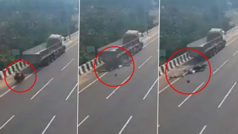 Srikakulam Accident Caught on Camera: Mother and Son Killed As Speeding Bike Rams Into Stationary Truck, Disturbing Video Surfaces