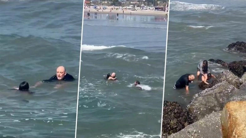 California: Hero Coach Dives Into Danger, Saves Father-Daughter Duo From Deadly Rip Current in Oceanside; Video Goes Viral