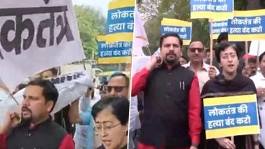 AAP MLAs Stage ‘Funeral Procession of Democracy’ Outside Delhi Assembly, Atishi Accuses BJP of Suppressing Opposition Voice Over Suspensions of Legislators