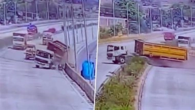 Accident Caught on Camera in Mirzapur: Trailer Truck Goes Out of Control, Rams Bike; 2 Killed; Video Surfaces