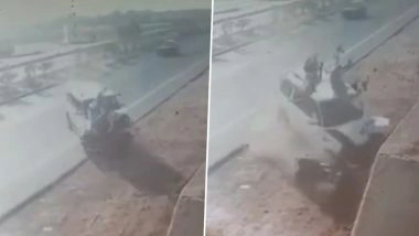 Accident Caught on Camera in Hathras: Speeding Scorpio Rams Bike on Etah-Aligarh Highway, Mother and Son Killed (Watch Video)