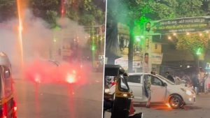 social-viral-ICC T20 World Cup 2026 Victory Celebration Turns Scary: Car Runs Over Lit Firecrackers in Thane, Flames Seen Under Vehicle (Watch Videos)