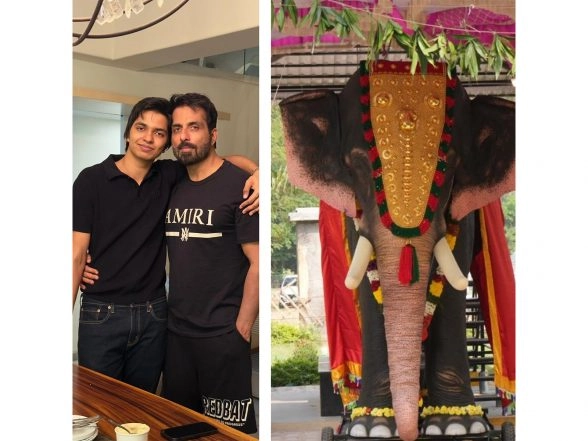 Entertainment News | Sonu Sood, Son Ayaan Gift Mechanical Elephant to Temple in Chennai
