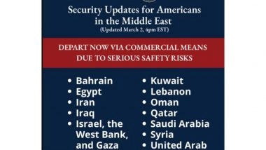 World News | US Urges Americans to Leave over 12 Middle East Countries Amid Iran Conflict