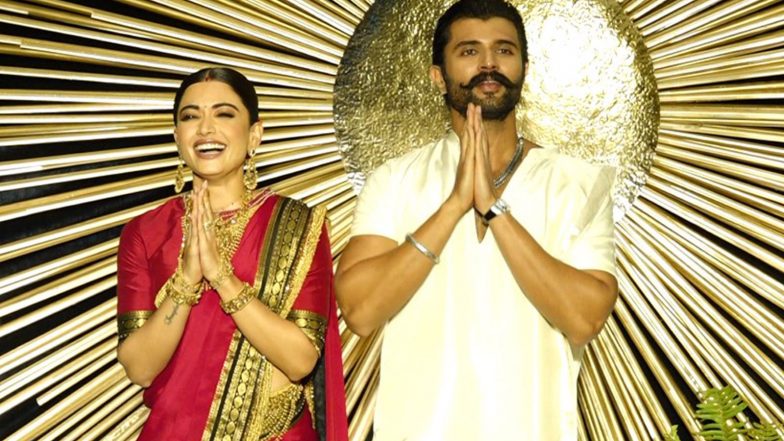 VIROSH Wedding Reception: Rashmika Mandanna Looks Regal in Red Mysore Silk Saree, Vijay Deverakonda in Ivory Silk Kurta (Watch Video)