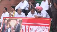 India News | Parliament Budget Session: Oppn MPs Stage Protest at Makar Dwar, Hold 'PM is Compromised' Banner