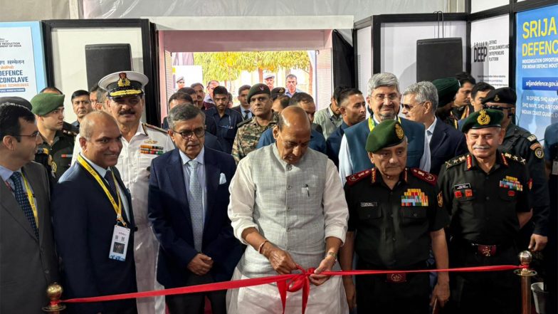 India News | Union Minister Rajnath Singh Inaugurates Defence Industrial Conclave, Pushes Drone Self-reliance by 2030