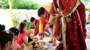 India News | Uttarakhand CM Dhami Performs Kanya Pujan with Wife at Residence; Extends Wishes on Ram Navami