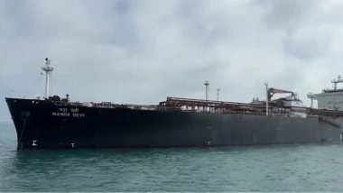 Indian Vessel Nanda Devi, Carrying 46,500 MT LPG, Arrives at Gujarat’s Vadinar Port After Safe Transit Through Hormuz Strait (Watch Video)
