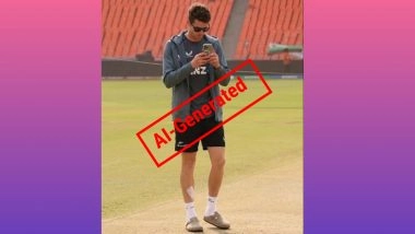 Fact Check: Mitchell Santner Taking Picture of Pitch at Narendra Modi Stadium Ahead of IND vs NZ T20 World Cup 2026 Final is AI-Generated Photo