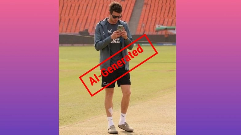 Fact Check: Mitchell Santner Taking Picture of Pitch at Narendra Modi Stadium Ahead of IND vs NZ T20 World Cup 2026 Final is AI-Generated Photo