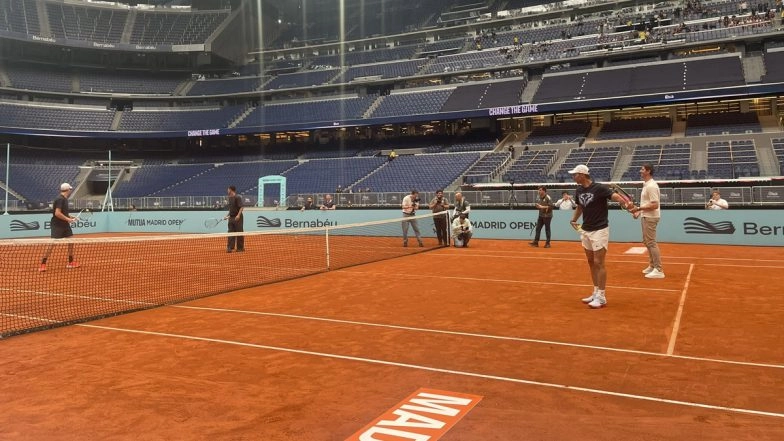 Rafael Nadal, Jannik Sinner Join Forces with Real Madrid&rsquo;s Thibaut Courtois and Jude Bellingham for Bernabeu Exhibition Tennis Match (Watch Video)