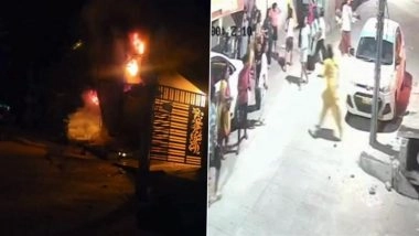 Bengaluru Fire: Massive Blaze Erupts at Nandini Layout Warehouse; CCTV Visuals Show Several Women Running Out of Adjacent PG to Escape