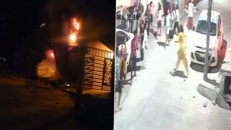 Bengaluru Fire: Massive Blaze Erupts at Nandini Layout Warehouse; CCTV Visuals Show Several Women Running Out of Adjacent PG to Escape