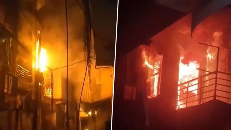 Delhi Fire: Massive Blaze Erupts in Ramesh Park Residential Building After Transformer Explosion (Watch Videos)