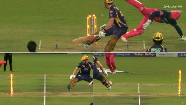 Dhruv Jurel Pulls Off Acrobatic Stumping During KKR vs RR IPL 2026 Match, Sachin Tendulkar Praises the Wicket-Keeper (Watch Video)