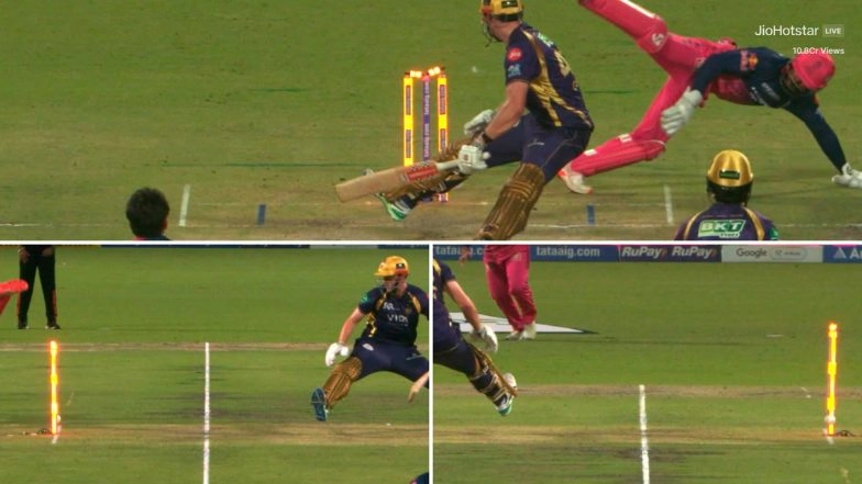 Dhruv Jurel Pulls Off Acrobatic Stumping During KKR vs RR IPL 2026 Match, Sachin Tendulkar Praises the Wicket-Keeper (Watch Video)