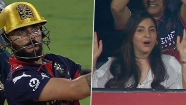 Anushka Sharma&rsquo;s Viral &lsquo;Guilty&rsquo; Celebration at M Chinnaswamy Stadium As Virat Kohli Hits Milestone 800th IPL Four (Watch Video)