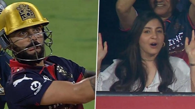 Anushka Sharma&rsquo;s Viral &lsquo;Guilty&rsquo; Celebration at M Chinnaswamy Stadium As Virat Kohli Hits Milestone 800th IPL Four (Watch Video)