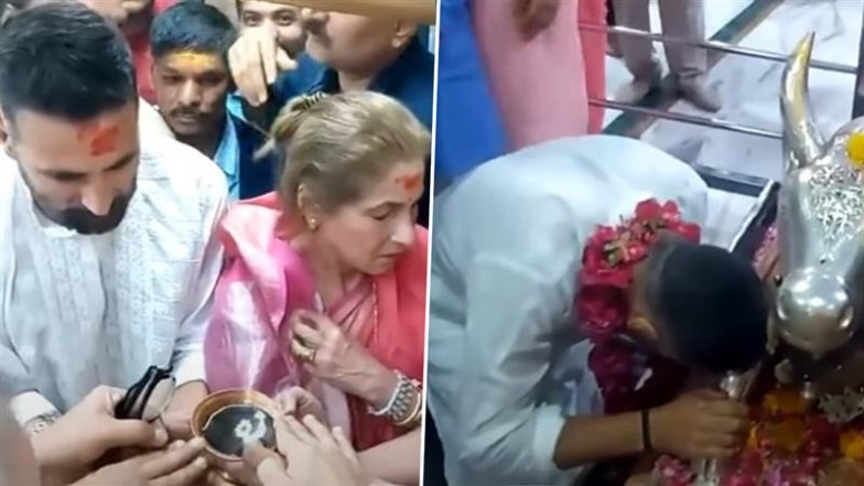 ‘Bhooth Bangla’ Actor Akshay Kumar Seeks Blessings at Ujjain’s Mahakaleshwar Temple With Mother-in-Law Dimple Kapadia Ahead of Film Release (Watch Video)