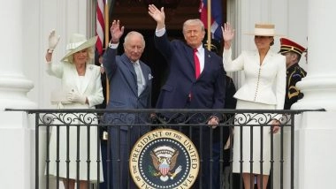 डोनाल्ड ट्रम्प, फर्स्ट लेडी मेलानिया ट्रम्प यांनी राज्य भेटीदरम्यान व्हाईट हाऊसमध्ये राजा चार्ल्स तिसरा, राणी कॅमिला यांचे स्वागत केले