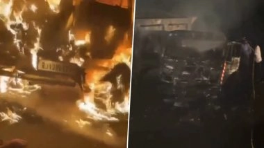 Rajasthan Road Tragedy: 3 Burnt Alive, 5 Critically Injured As SUV Catches Fire After Colliding With Dumper Truck in Churu (Watch Video)