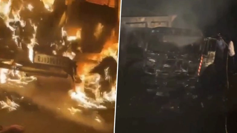 Rajasthan Road Tragedy: 3 Burnt Alive, 5 Critically Injured As SUV Catches Fire After Colliding With Dumper Truck in Churu (Watch Video)