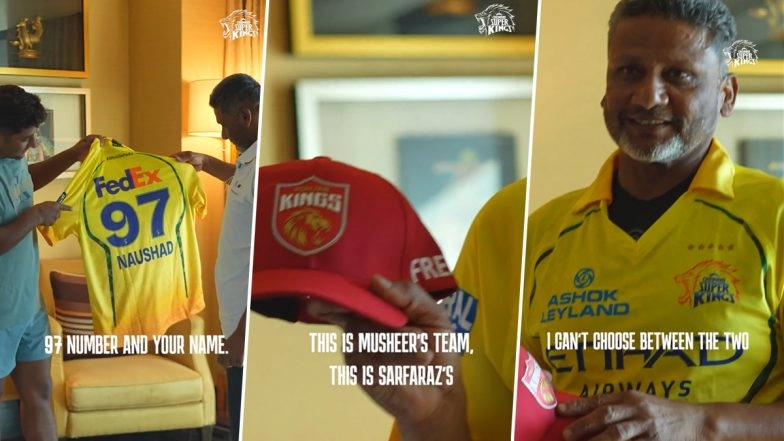 CSK Jersey, PBKS Cap! Sarfaraz And Musheer Khan’s Father Naushad Opts for Unique Way to Support Both Sons During IPL 2026 Clash (Watch Video)
