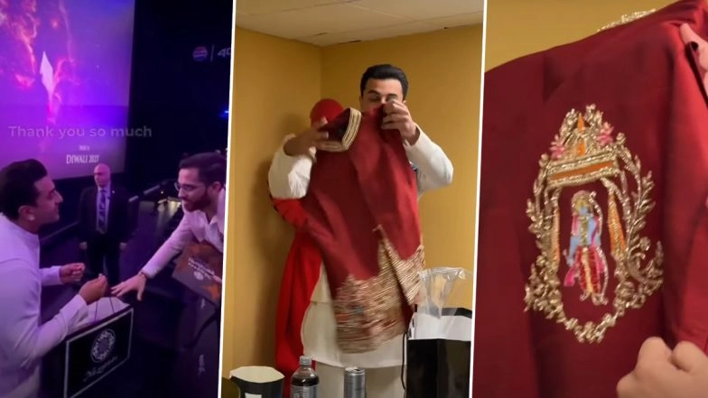 &lsquo;Ramayana&rsquo;: Ranbir Kapoor Receives Ram Mandir Inspired Vest From Fan at &lsquo;Rama&rsquo; Teaser Launch in LA (Watch Viral Video)