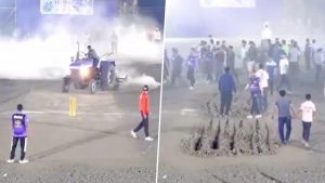 social-viral-Man Drives Tractor Over Cricket Pitch Mid-Match After Not Being Invited For Local Tennis Ball Tournament in Jalgaon, Video Goes Viral