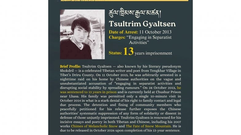 World News |  CTA Highlights Case of Tibetan Political Prisoner Tsultrim Gyaltsen Ahead of Expected Release in 2026