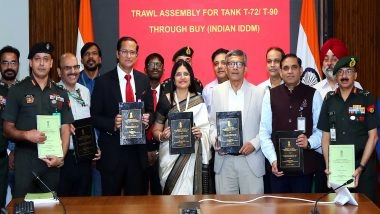 Business News | Defence Ministry Signs Rs 975 Cr Contracts for TRAWL Assembly for T-72/T-90 Tanks to Boost Army's Minefield Breaching Capability