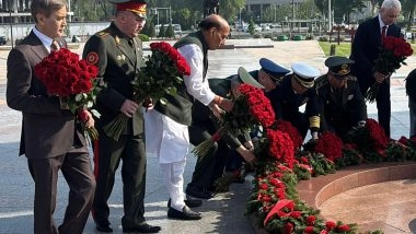 World News | Defence Minister Rajnath Singh Pays Tribute to Fallen Heroes at Victory Square in Bishkek
