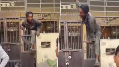 Ghaziabad: Thief Stuck in Sharp Iron Grille While Attempting Break-In in Uttar Pradesh, Locals Nab Him (Watch Video)