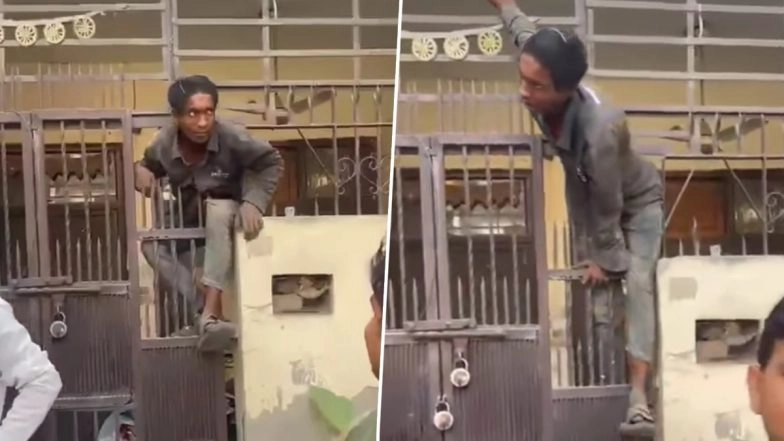 Ghaziabad: Thief Stuck in Sharp Iron Grille While Attempting Break-In in Uttar Pradesh, Locals Nab Him (Watch Video)