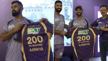 Ajinkya Rahane&nbsp;Presented With&nbsp;Special Jersey for Completing&nbsp;200 IPL Matches Ahead KKR vs SRH 2026 (Watch Video)