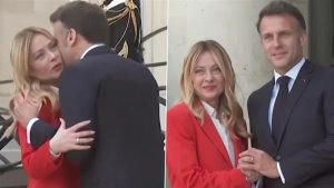 social-viral-Emmanuel Macron-Giorgia Meloni Viral Video: ‘Awkward’ Hug Between France President and Italy PM Goes Viral During High-Stakes Talks in Paris