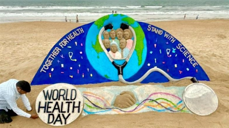 World Health Day 2026: Striking Sand Sculpture by Sudarsan Pattnaik at Puri Beach Salutes Frontline Workers (Watch Video)