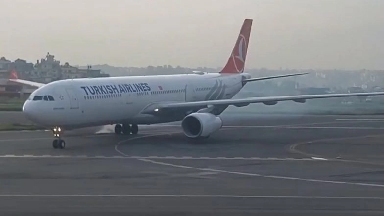 Turkish Airlines Plane TK726 Catches Fire After Tyre Blaze at Tribhuvan Airport in Kathmandu; All 289 Passengers Safely Evacuated (Watch Video)