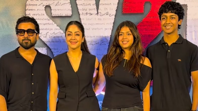 Suriya and Jyotika&rsquo;s Rare Family Moment With Children Diya and Dev at &lsquo;System&rsquo; Premiere Goes Viral, Fans Call Them &lsquo;Cute&rsquo; (Watch Video)