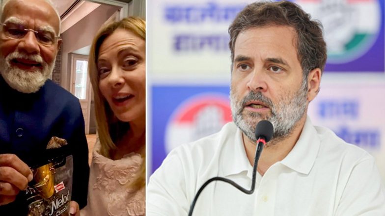 PM Modi Is Busy Eating &lsquo;Melody&rsquo; With Giorgia Meloni: Rahul Gandhi Slams PM Narendra Modi Over NEET UG Cancellation, Fuel Hikes and Scarcity (Watch Video)