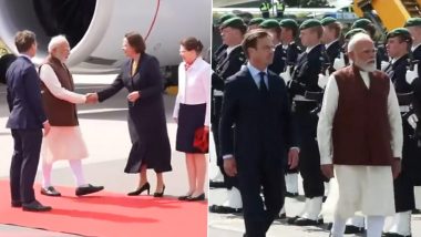 PM Modi in Sweden: Prime Minister Narendra Modi Arrives in Gothenburg, His Counterpart Ulf Kristersson Welcomes Him at Airport (Watch Video)